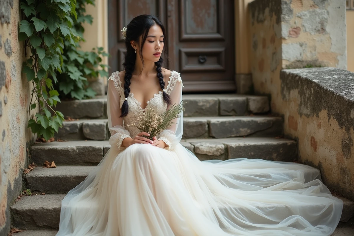 Femme en longue robe de soirée bohème ivoire à manches en dentelle assise sur les marches en pierre d'un château français