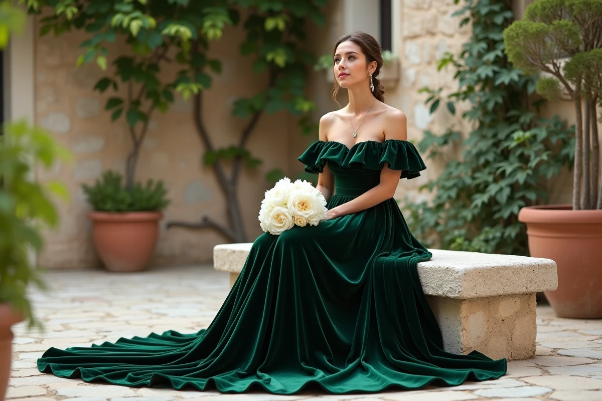 Femme assise en robe de mariée verte velours vert forêt dans une cour méditerranéenne avec bouquet de pivoines