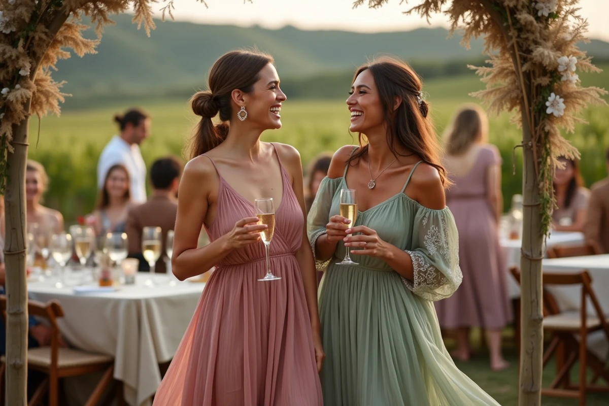 Deux femmes en longues robes bohèmes rose et vert sauge lors d'un mariage en plein air dans un vignoble rustique