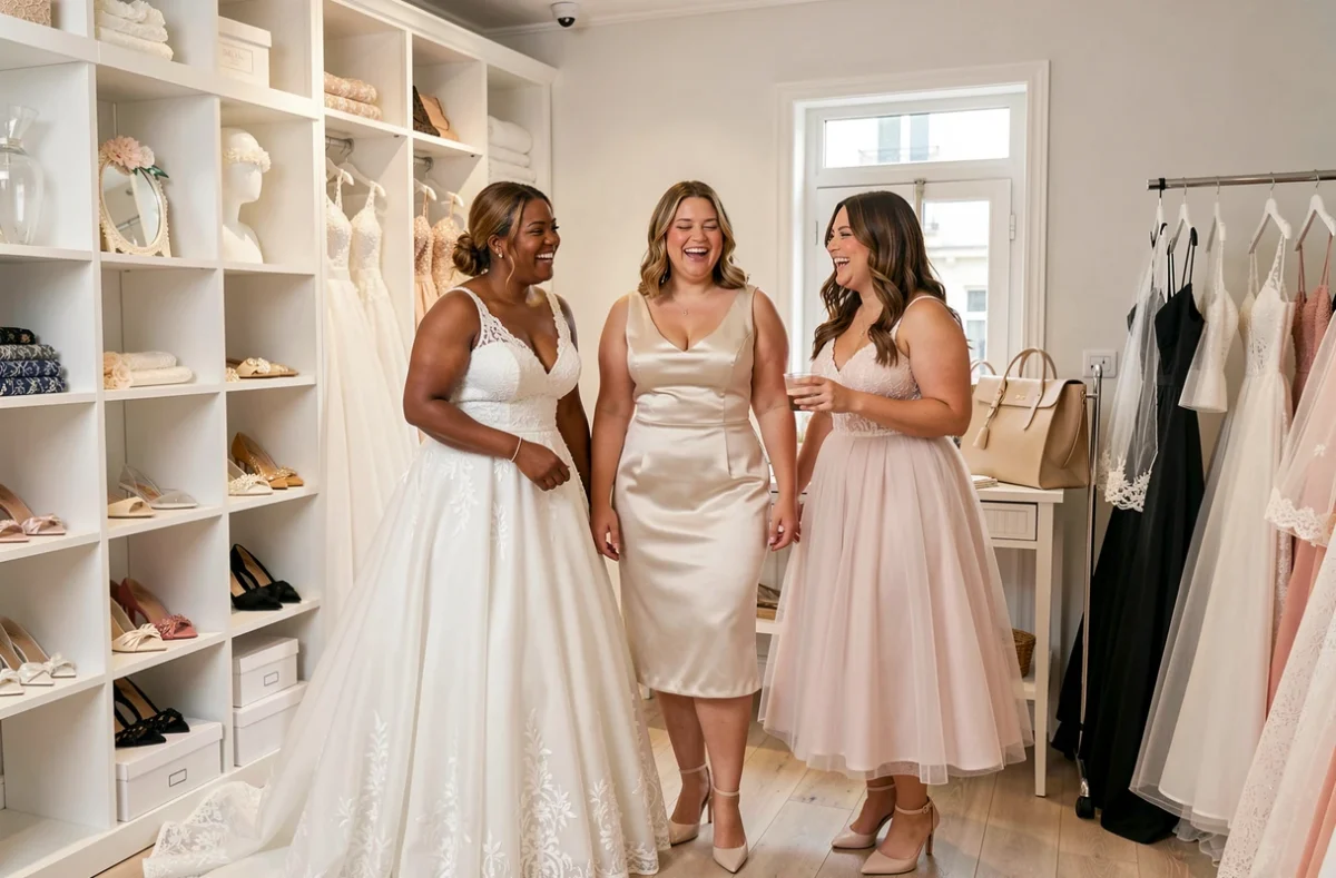 Trois femmes rondes essayant des robes de mariée pas chères variées dans un salon de mariage parisien, riant ensemble