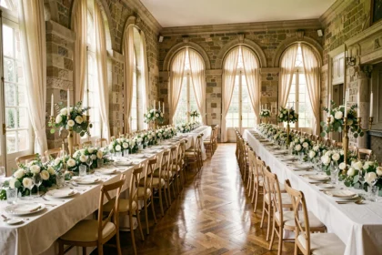 Vue panoramique d'une belle salle de mariage en Meurthe-et-Moselle avec décoration florale élégante et architecture en pierre