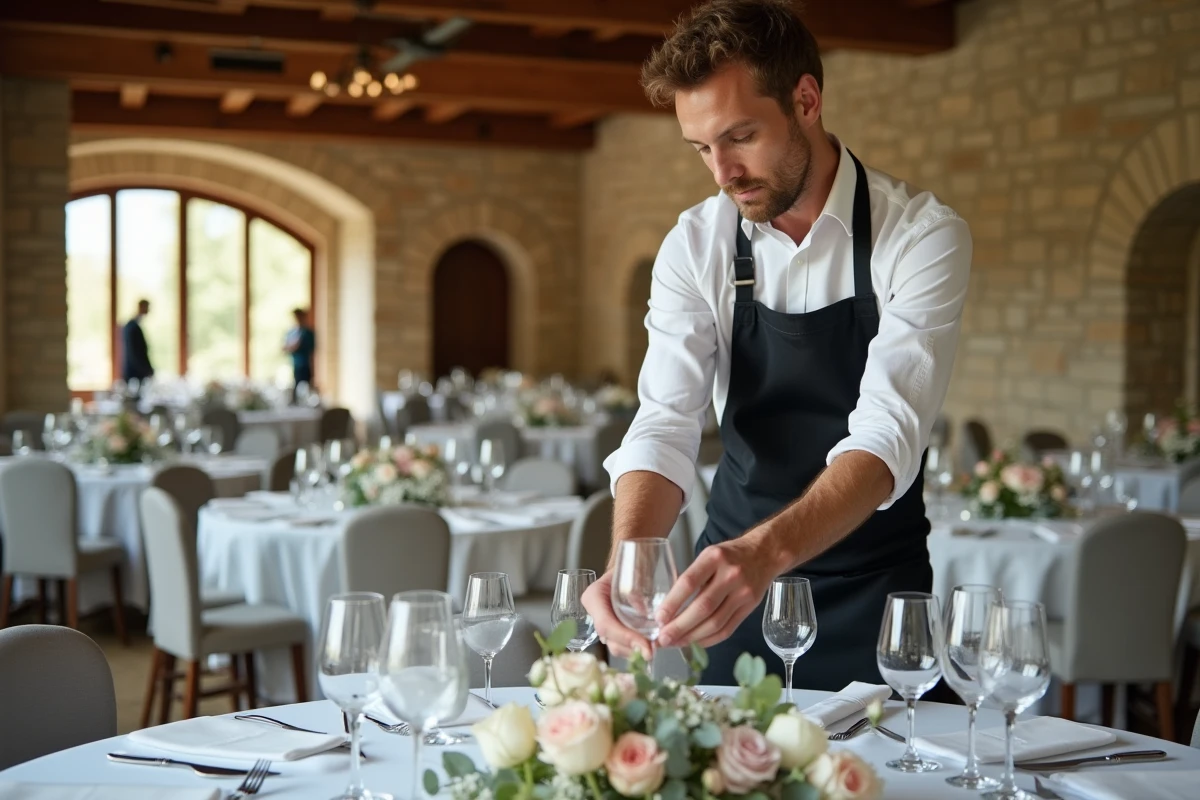 Intérieur d'un domaine mariage en Gironde avec salle en pierres apparentes et poutres en bois, serveur préparant les tables pour la réception