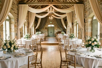 Vue panoramique d'une salle de mariage élégante dans le Puy-de-Dôme avec décoration florale et tables dressées