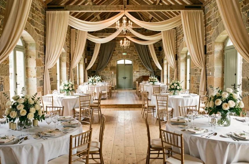 Vue panoramique d'une salle de mariage élégante dans le Puy-de-Dôme avec décoration florale et tables dressées