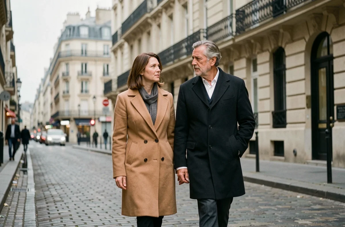 Couple élégant marchant dans une rue parisienne pavée, évoquant les rumeurs sur la vie privée et le mari de Samantha de Bendern