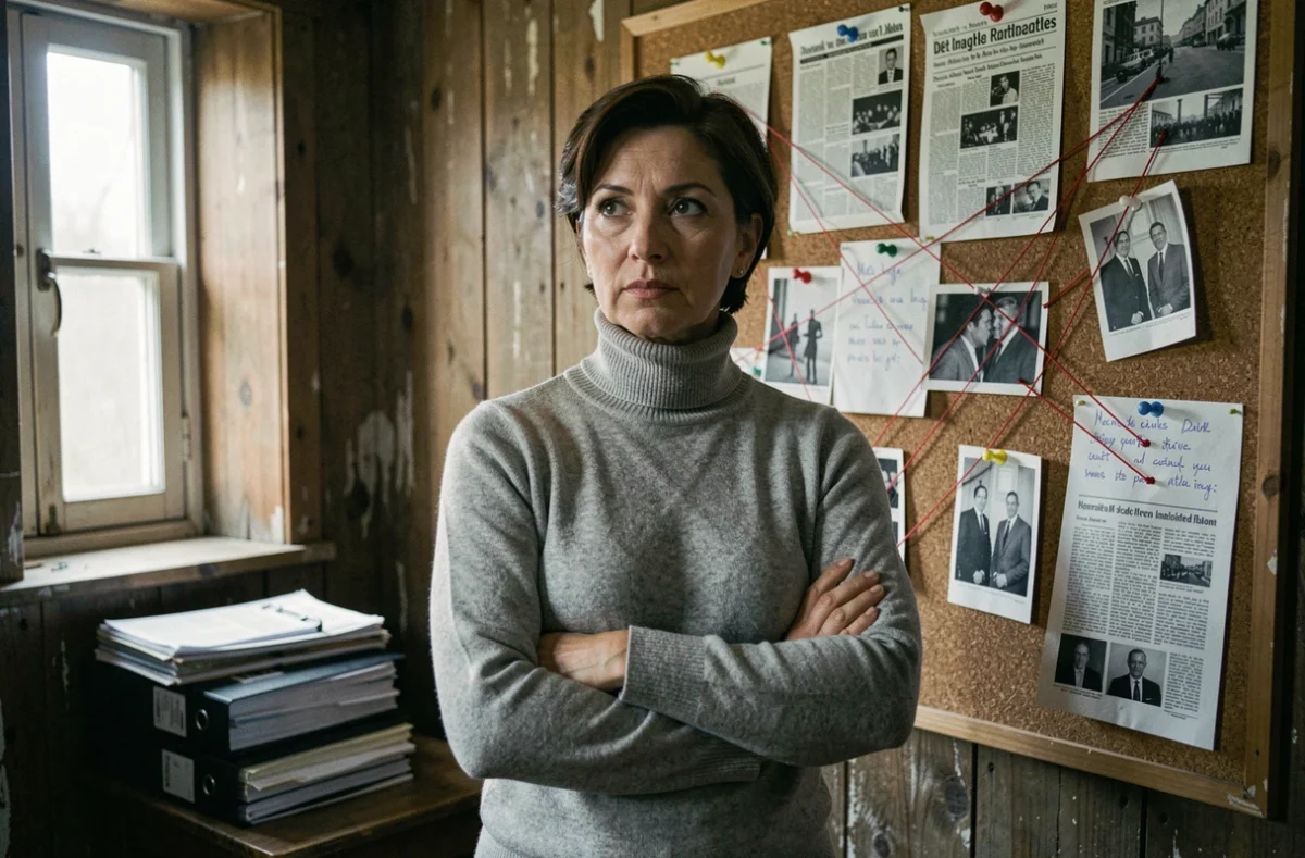 Journaliste analysant des documents épinglés sur un tableau d'enquête, symbolisant la vérification des rumeurs sur Samantha de Bendern et son mari