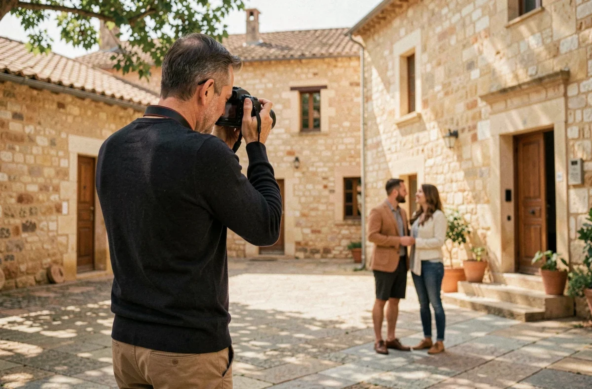 Photographe de portrait en extérieur lors d'une séance photo dans une place historique d'Orange en Provence