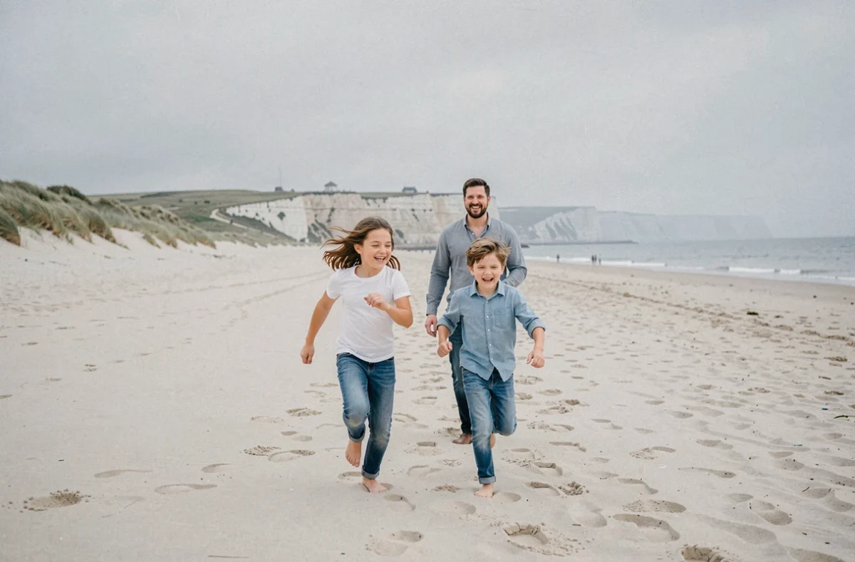 Famille photographiée sur la plage de sable près de Boulogne-sur-Mer avec les falaises en arrière-plan