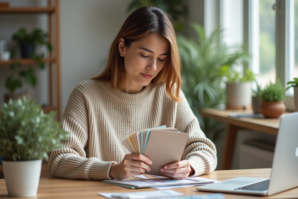 Jeune femme choisissant des échantillons de couleurs dans un bureau moderne