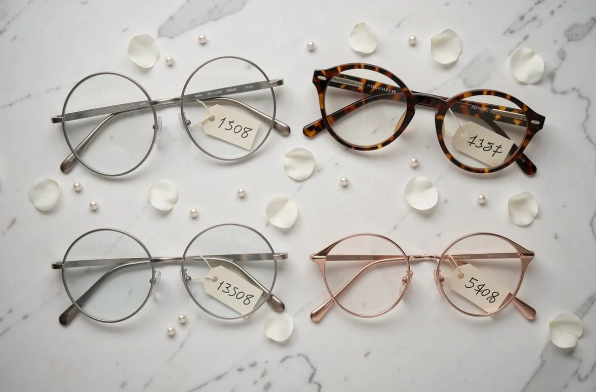 Sélection de quatre montures de lunettes de mariage abordables sur fond de marbre blanc avec des pétales