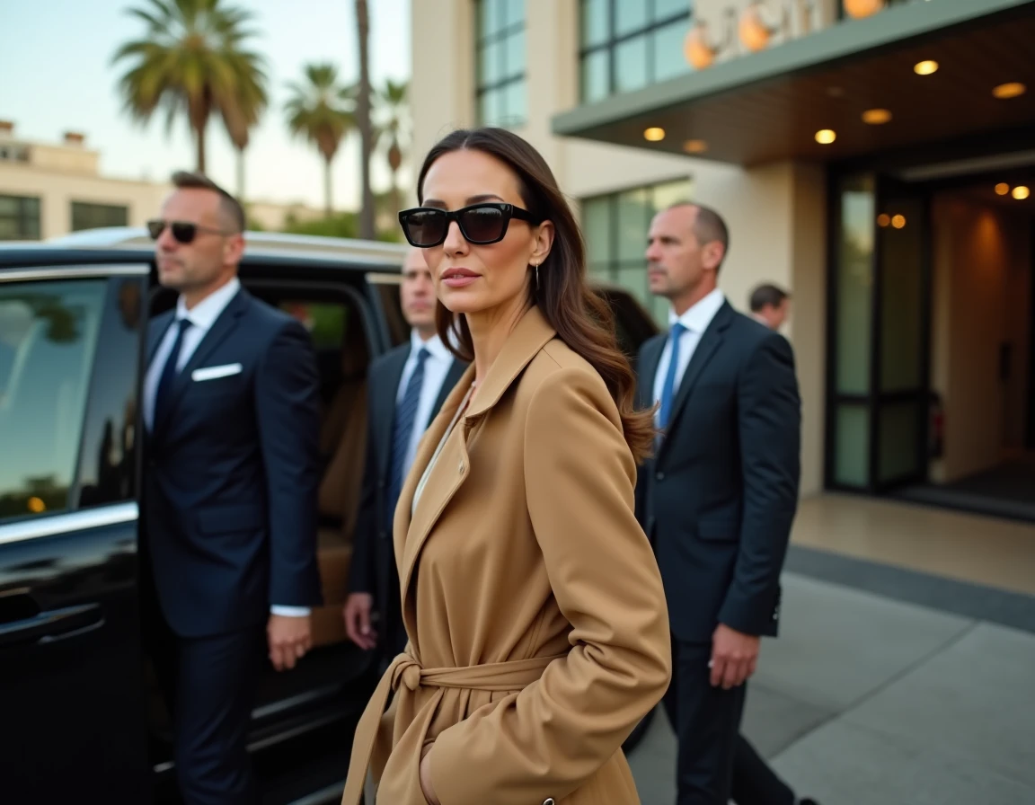 Femme célèbre en manteau camel et lunettes de soleil sortant d'un SUV de luxe devant un hôtel de Beverly Hills