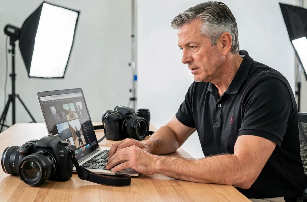 Photographe professionnel révisant des photos d'événement dans son studio à Longjumeau