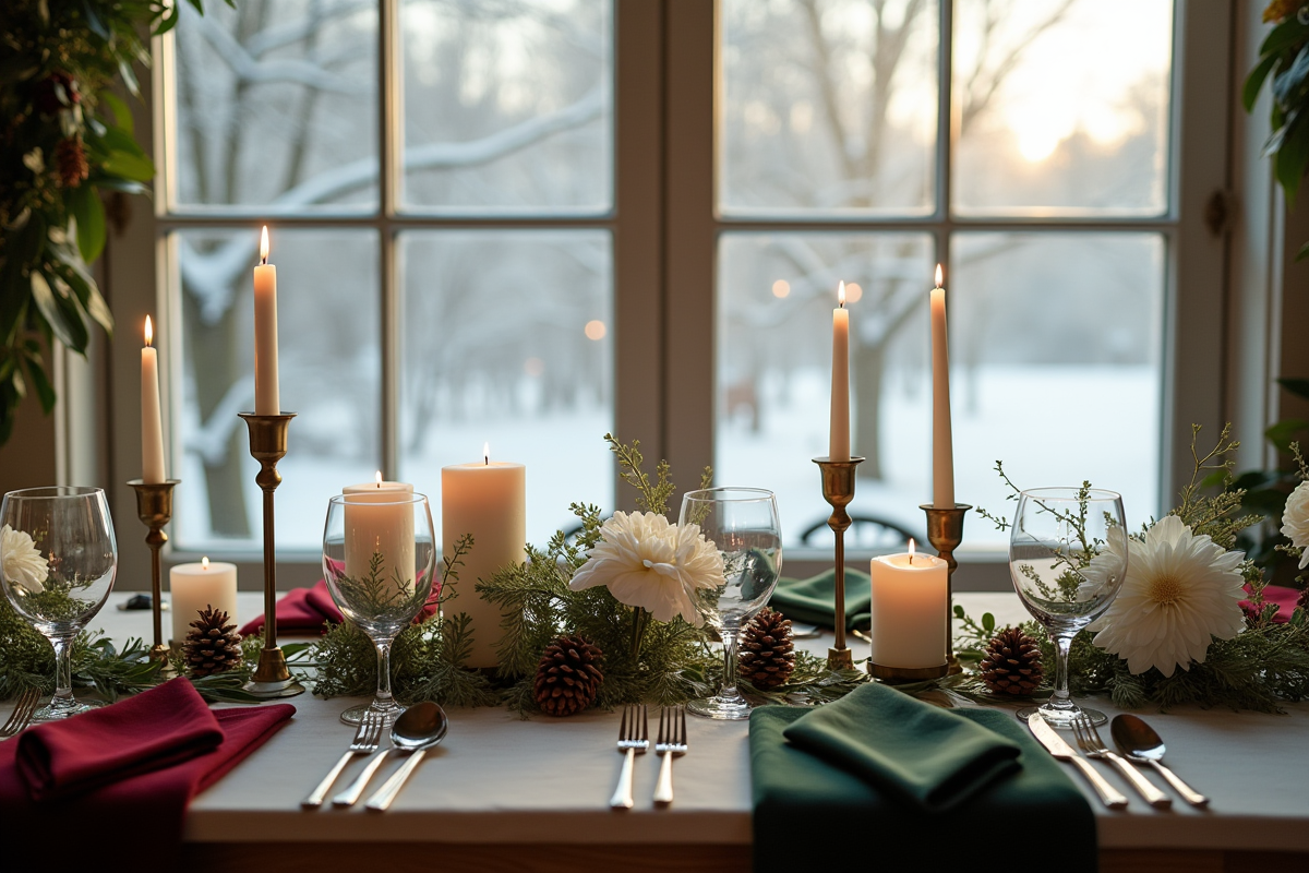 Table de mariage d'hiver élégante près d'une fenêtre givree