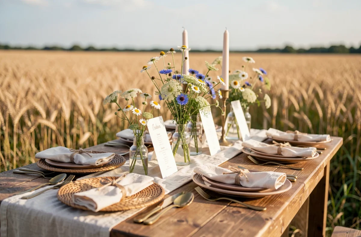 Table de réception de mariage champêtre en plein air avec runner en lin, vaisselle en céramique, cartes de menu calligraphiées et bouquets de fleurs sauvages