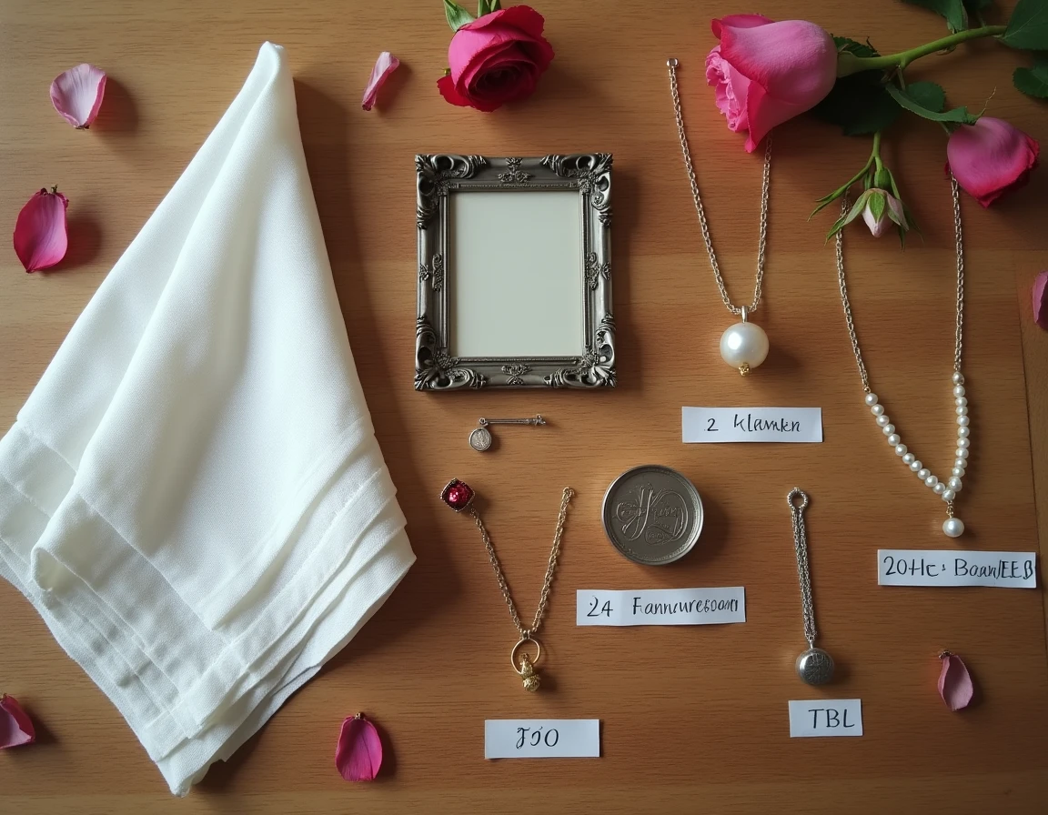 Vue à plat d'objets symbolisant les différentes noces de mariage, du coton à l'or en passant par les perles et le rubis, disposés sur une table en chêne rustique avec des étiquettes calligraphiées
