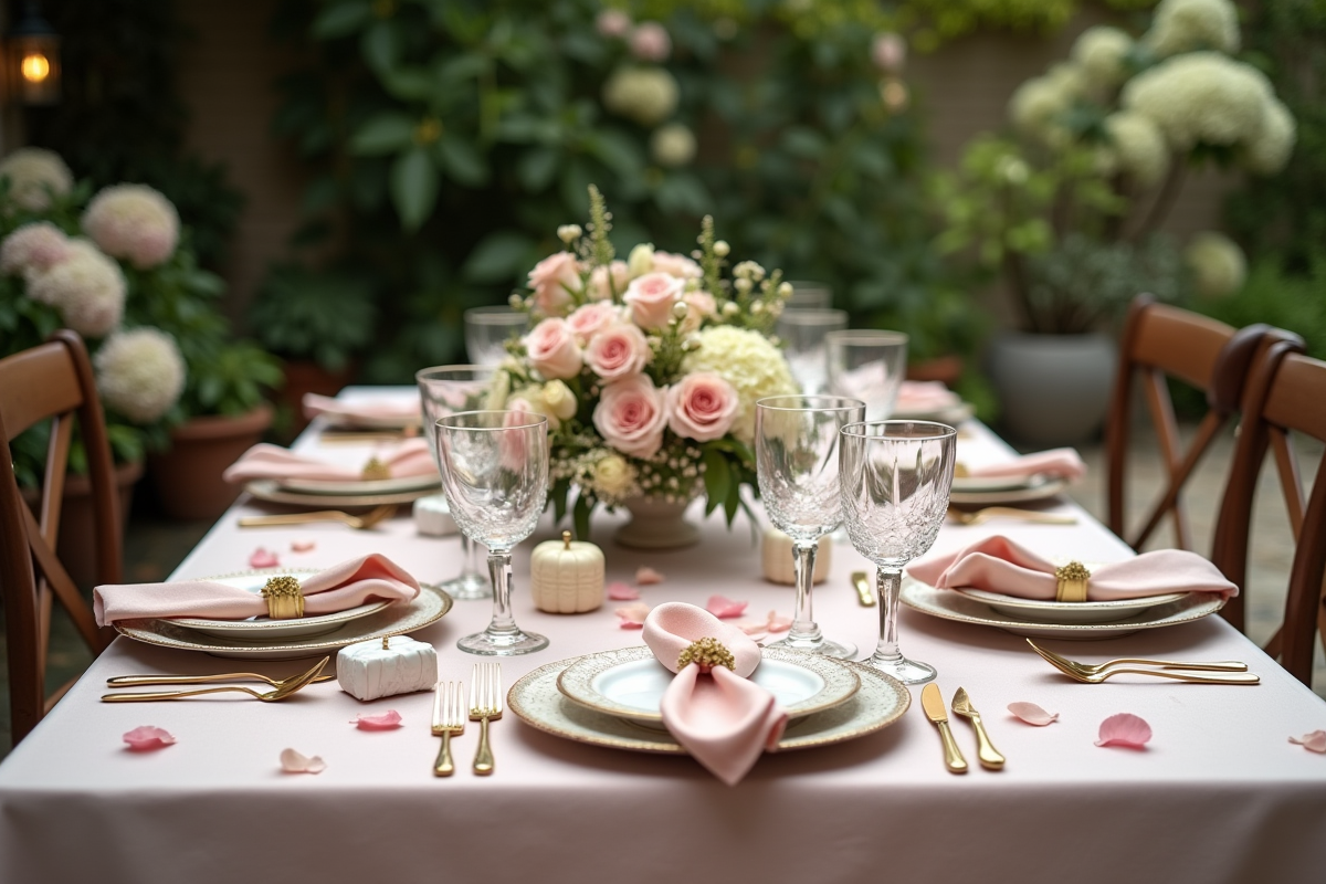 Table élégante pour dîner romantique en extérieur avec fleurs
