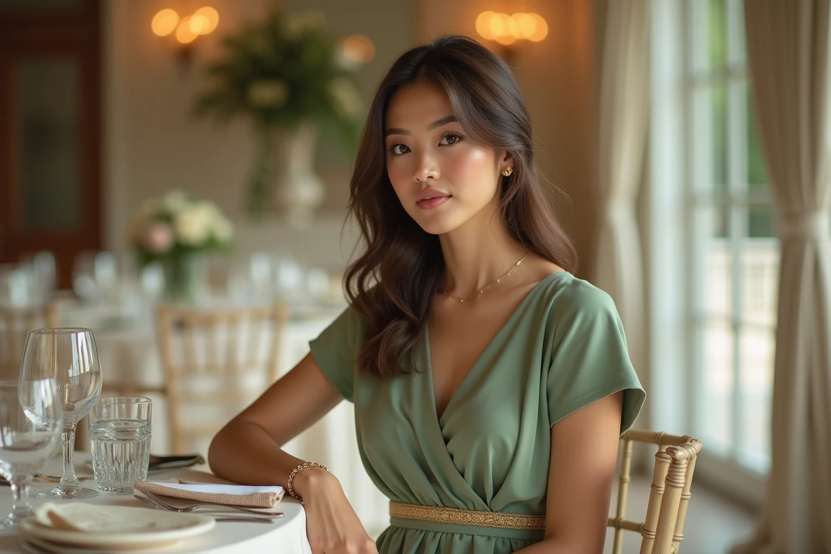 Invitée de mariage en robe portefeuille vert sauge avec ceinture dorée fine assise à une table de réception décorée