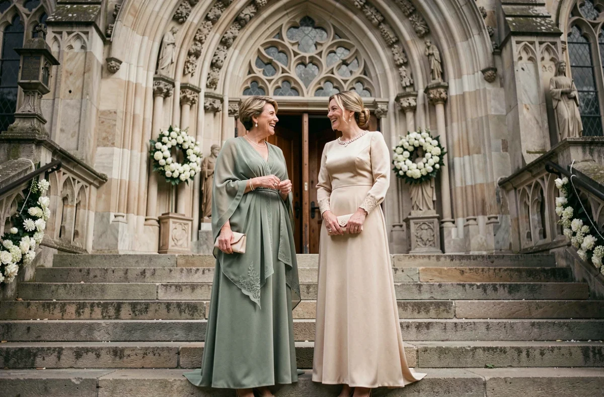 Deux mères de mariée en robes longues élégantes adaptées à un mariage religieux devant les portes d'une cathédrale