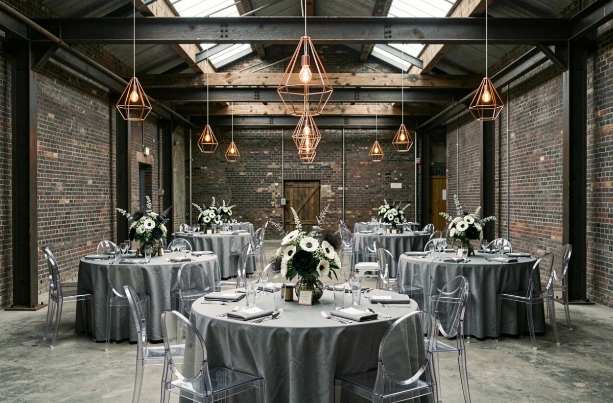 Réception de mariage dans un loft industriel à Saint-Étienne avec des poutres en fer apparentes, des tables en lin gris ardoise et des centres de table en anémones noir et blanc