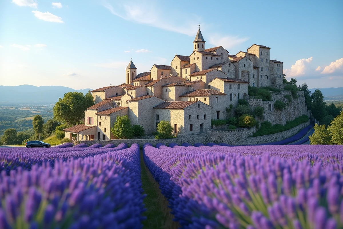 Vue panoramique du village perché de Gordes dans le Luberon avec champ de lavande en fleur et voitures noires suggérant un événement mondain