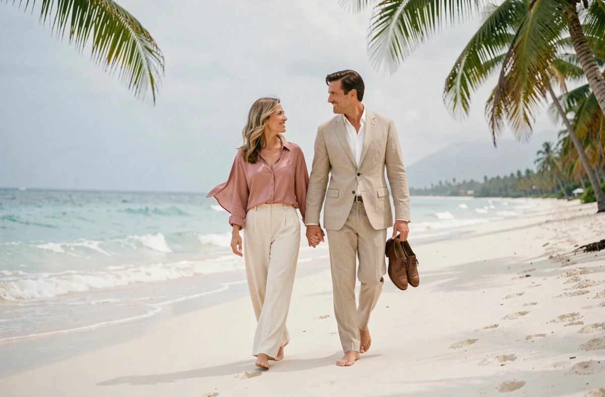 Couple main dans la main sur une plage tropicale déserte pour célébrer 17 ans de mariage lors d'un voyage romantique aux îles