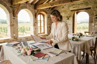 Une wedding planner professionnelle en Auvergne-Rhône-Alpes consulte un classeur de mariage entouré d'échantillons de tissus et de fleurs dans un cadre champêtre en pierre